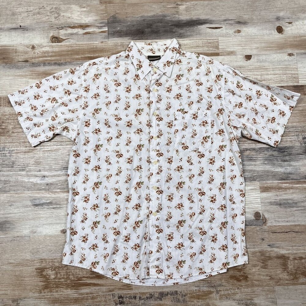ODO Roses White Button Down Short‎ Sleeve Shirt Size Large